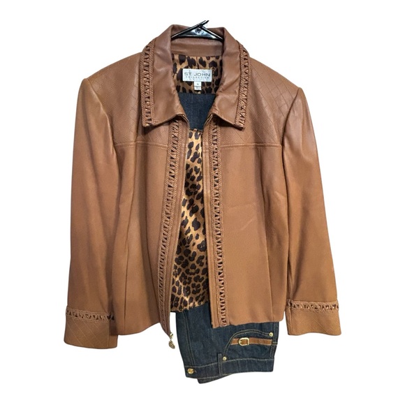 St. John Collection Pants - NWOT St. John Collection 3pc Cognac Leather Jacket, Animal Tank, Jeans 16/M/14